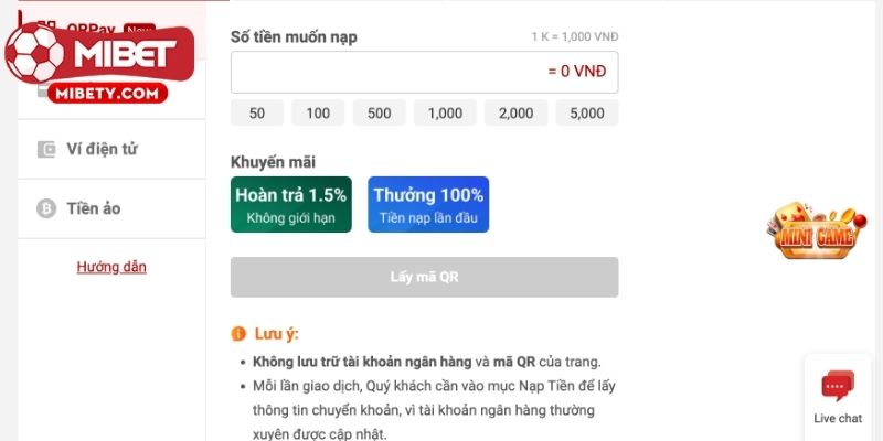 Hướng dẫn thực hiện nạp tiền trực tuyến tại nhà cái mibet